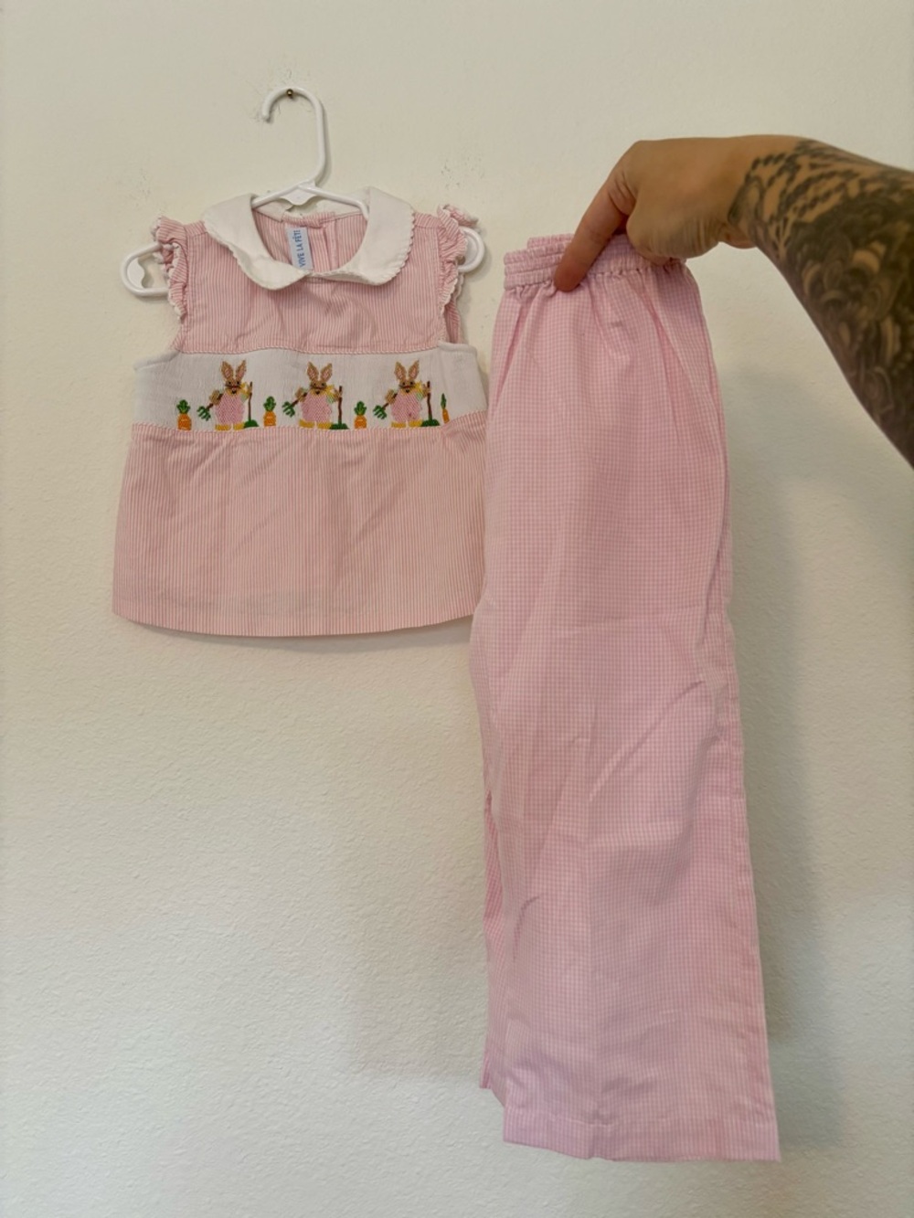 Pink Bunny Smocked Girls' Matching Set with Peter Pan Collar